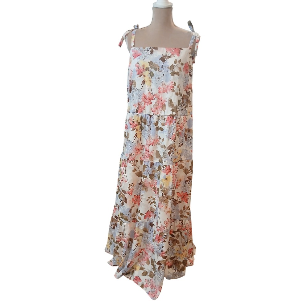 Lane Bryant 16 Floral Tiered Maxi Dress Pink Blue Tie Shoulder Burnout Dress